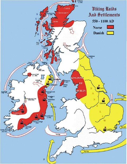 Territorios y fronteras noruegas y danesas en las Islas Británicas.