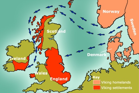 Rutas de navegación vikingas hacia los asentamientos de Inglaterra.